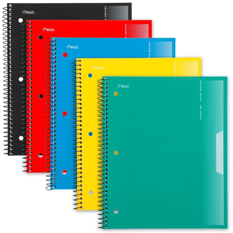 Mead Spiral Notebooks, Pack of 5, 1-Subject, College Ruled Paper, Plastic Cover, 8-1/2"" x 11"", 100 Sheets, Black, Yellow, Red, Blue and Green (820299) - Image 1